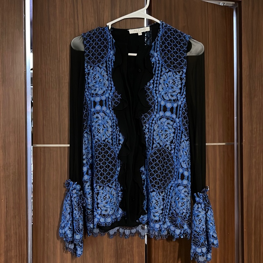 Alexis blue and black lace button down blouse XS